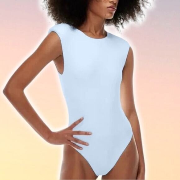 Babaton Tops - BABATON Contour Shoulder Pad Bodysuit Sz Large Light Blue